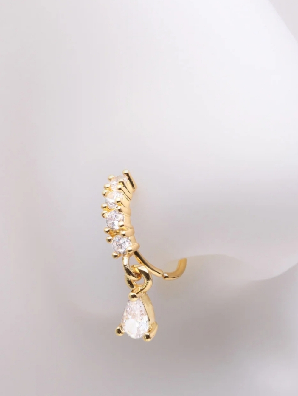 Gold Teardrop Dangle Hoop Nose Ring with Clear Stones - Picture 2 of 6